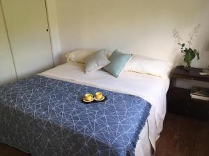 Un dormitorio con una cama con dos zapatos amarillos. en Tigre Apartment en Tigre