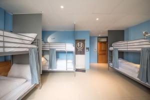 3 literas en una habitación con paredes azules en Deer Traveler Hostel, en Yuchi