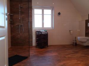 a bathroom with a shower and a toilet at Ferienwohnung Sommer in Sankt Wendel