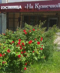 un arbusto de rosas rojas delante de un edificio en Hotel Na Kuznechnoy, en Saratov