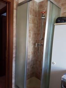 La salle de bains est pourvue d'une douche avec une porte en verre. dans l'établissement Sesia Apartment, à Silvi Marina