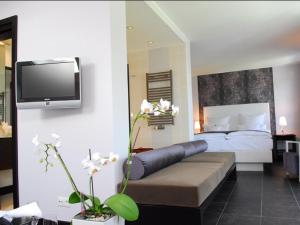 a bedroom with a bed and a tv on a wall at Hotel Künstlerquartier Seezeichen in Ahrenshoop
