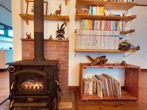 a fireplace in a living room with books at Guesthouse SORA in Minamiizu