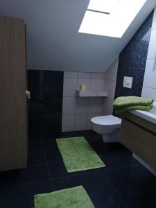 a bathroom with a toilet and a sink with green rugs at Vronis-Apartment in Stephanshart
