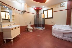 a bathroom with a shower and a sink and a toilet at Luxury hotel apartments in Tabuk