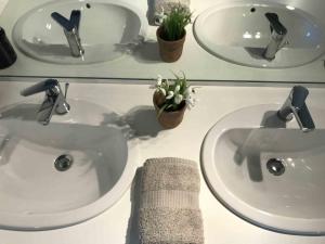 two sinks in a bathroom with flowers and a towel at Manoir de Rieuzal in Loubressac