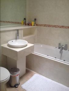 a bathroom with a toilet and a tub and a sink at Basingstoke Townhouse in Basingstoke +9 photos