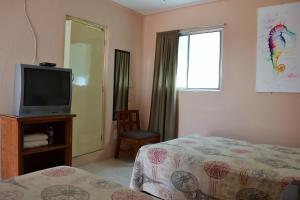 a bedroom with a bed and a tv and a window at Hotel Maya in Guadalajara