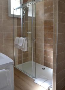 La salle de bains est pourvue d'une douche avec une porte en verre. dans l'établissement 3 Appartements SCI Jape, à Blois