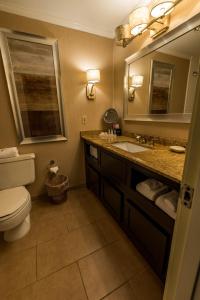 a bathroom with a toilet and a sink and a mirror at Interlaken Inn in Lakeville