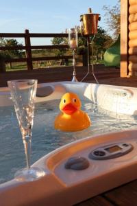 a rubber duck in a bath tub with a glass at Honeysuckle in Hadleigh
