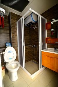 ein Bad mit einer Dusche, einem WC und einem Waschbecken in der Unterkunft Bigger B&B in Jinning