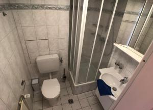 a bathroom with a toilet and a shower and a sink at Ferienwohnung im Strandhotel in Wyk auf Föhr +19 photos