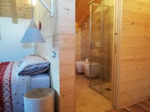 a bathroom with a shower and a bed and a toilet at B&B Schlossar Haus in Sappada