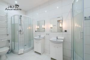 托伦J&J Apartments Łazienna 30 - 10的带水槽、淋浴和马桶的浴室
