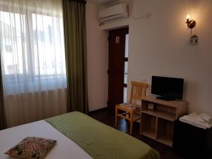 カリマネシュティ・カシウラタにあるCasa Coziaのベッドとテレビが備わるホテルルームです。