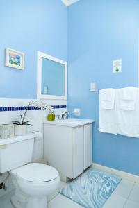 奧喬里奧斯的住宿－Ocho Rios Beach Front Condos，浴室设有白色卫生间和蓝色的墙壁。