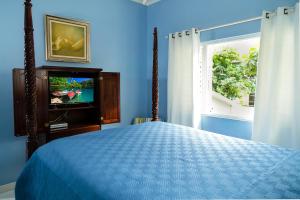 奧喬里奧斯的住宿－Ocho Rios Beach Front Condos，一间卧室配有一张床、一台电视和一个窗口