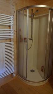 a shower with a glass door in a bathroom at Chalet Charm in Molare