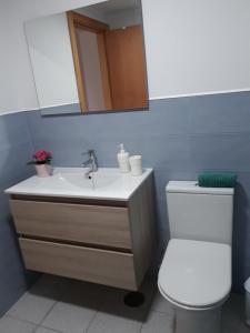 bagno con lavandino, servizi igienici e specchio di Tu rincon en Playa de Melenara a Telde