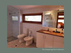 een badkamer met een toilet, een wastafel en een spiegel bij Chapel Hill Winery Guest House in McLaren Vale