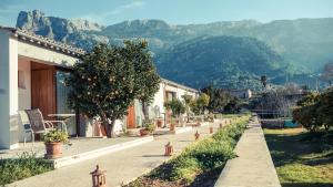 a walkway with trees and orange trees inront of a building at Finca Cas Sant in Sóller