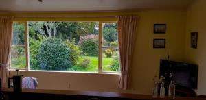 Poripori Homestead في تاورانجا: نافذة في غرفة المعيشة تطل على حديقة