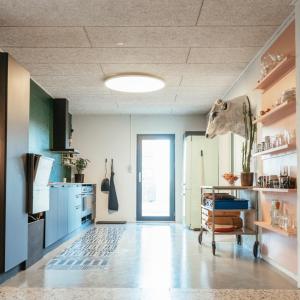 a large room with a kitchen with blue cabinets at Containerhus 18b in Harboør
