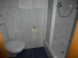 a white bathroom with a toilet and a shower at Pension Elke Rothenburg in Rothenburg ob der Tauber