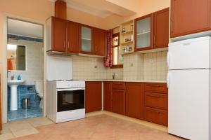 a kitchen with brown cabinets and a white refrigerator at Irida in Armenistis