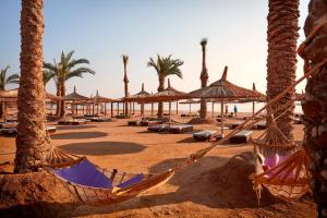 a hammock on a beach with palm trees and umbrellas at Coral Sea Holiday Resort and Aqua Park in Sharm El Sheikh