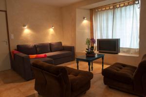 - un salon avec un canapé et une télévision dans l'établissement Domaine Bellelauze, à Bouriège