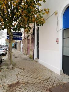 un árbol en una acera al lado de un edificio blanco en Apartment Junqueiro, en Oporto