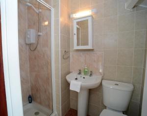 a bathroom with a toilet and a sink and a shower at Lynmoore Guest House in Blackpool