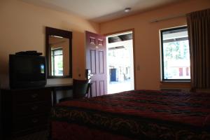 1 dormitorio con 1 cama, TV y ventana en Gold Trail Motor Lodge, en Placerville