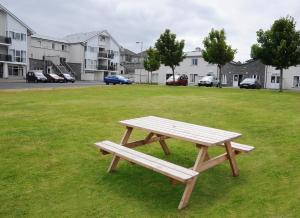 een houten picknicktafel die in het gras van een park staat bij Dunaras Holiday Village in Galway