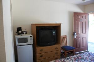 a room with a television and a microwave on a dresser at Mother Lode Motel in Placerville