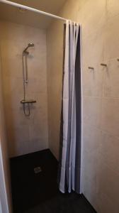 una ducha con cortina de ducha en un baño en Sandhaugar Guesthouse, en Kiðagil 16 fotos más