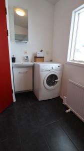 lavadero con lavadora y fregadero en Sandhaugar Guesthouse, en Kiðagil
