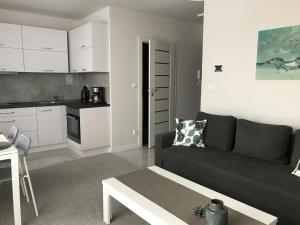 a living room with a couch and a kitchen at Apartament koloru morza - Turkus in Łeba +3 photos