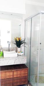 a bathroom with a sink and a glass shower at Ap aluguel no Guaibim in Guaibim