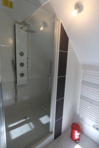 a bathroom with a shower with a glass door at Apparts Gites Cholet centre in Cholet