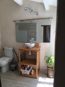 La salle de bains est pourvue d'un lavabo, de toilettes et d'un miroir. dans l'établissement Seb&Laeti Guesthouse, à Saint-Laurent-dʼAigouze