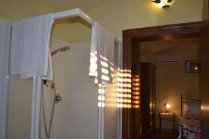 a bathroom with a shower with a shower curtain at Podere dei maddii in Roccastrada