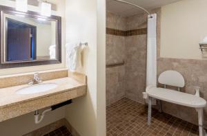 a bathroom with a sink and a shower at AmericInn by Wyndham Fergus Falls Conference Center in Fergus Falls