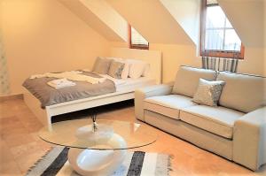 ein Wohnzimmer mit einem Bett und einem Sofa in der Unterkunft Downtown Apartments DeLuxe in Győr