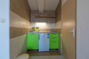 uma cozinha com um frigorífico verde e branco num quarto em Apartmani Milan em Crikvenica