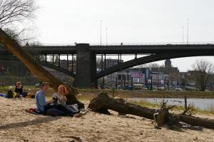 a man and woman sitting on the beach next to a fallen tree at B&B Appartementen Smedery in Nijmegen