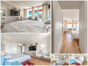 two pictures of a bedroom with a bed and a tv at Apartamentos Olympia in Playa de las Americas