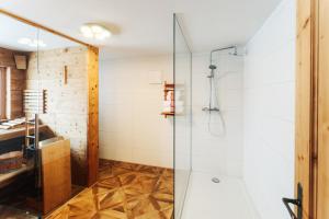 a bathroom with a shower stall and a sink at Logis2324 in Bad Goisern